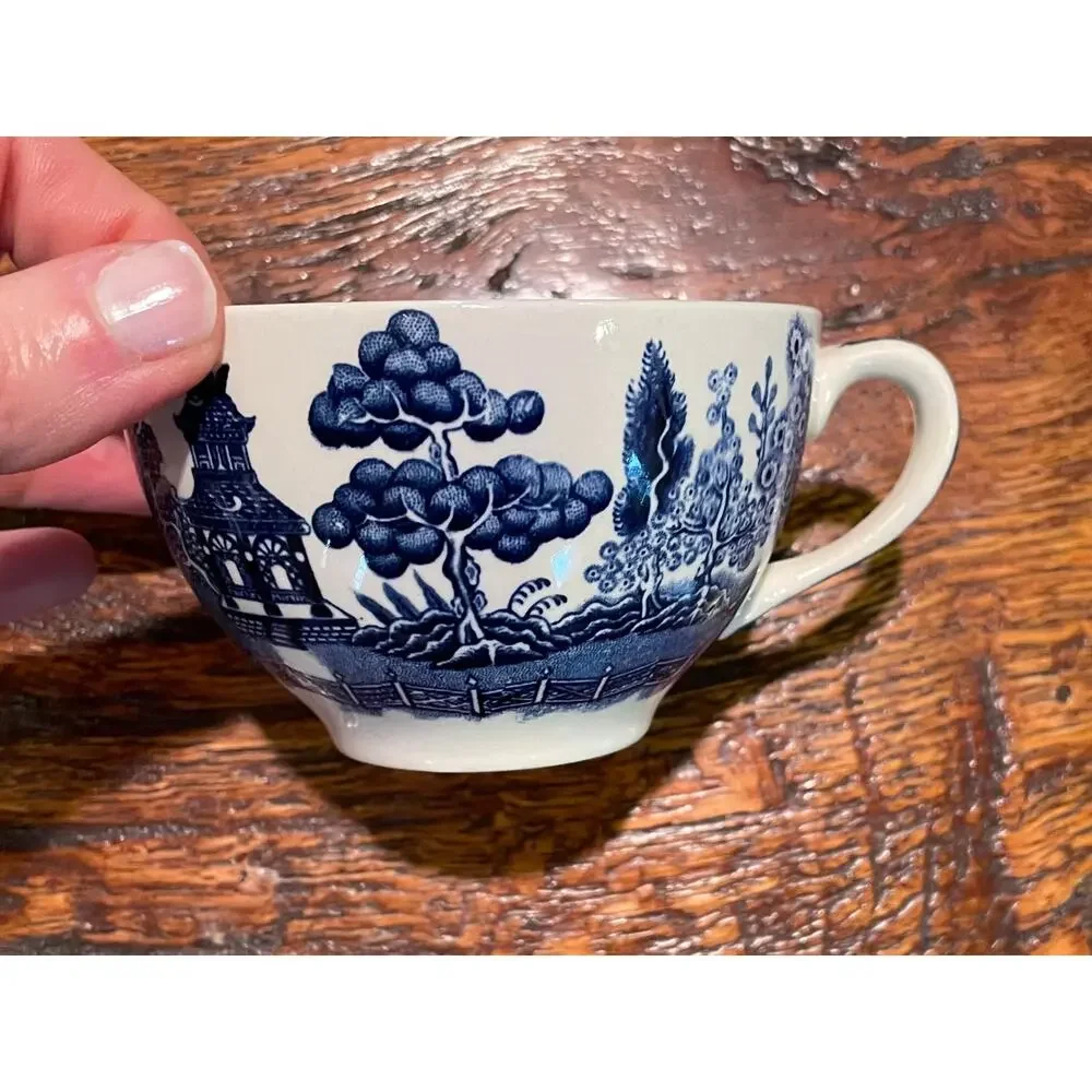 Vintage Johnson Bros. Willow Chinoiserie Teacup & Saucer, Blue, White, Set of 7